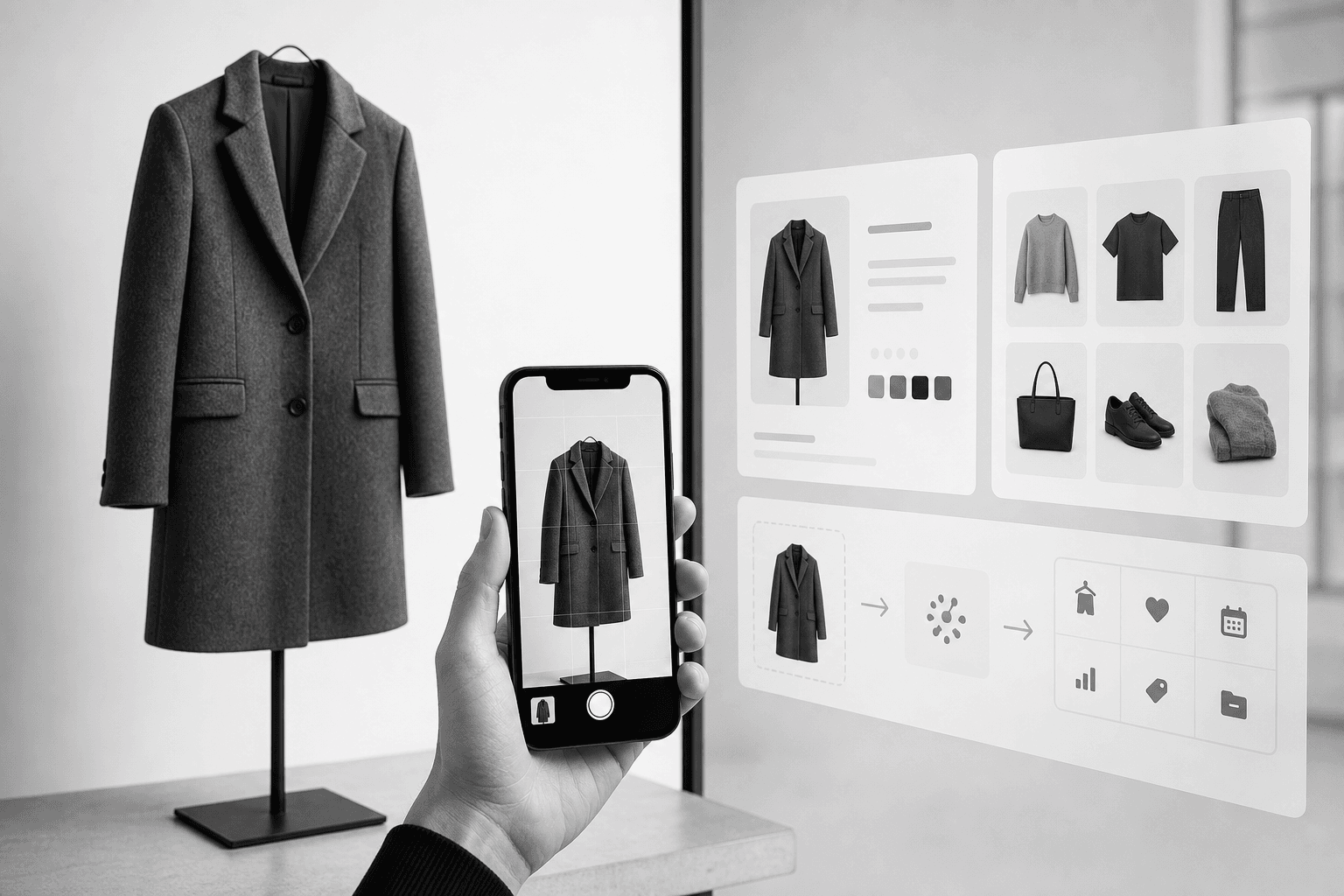 A tailored coat photographed in a minimal studio setup