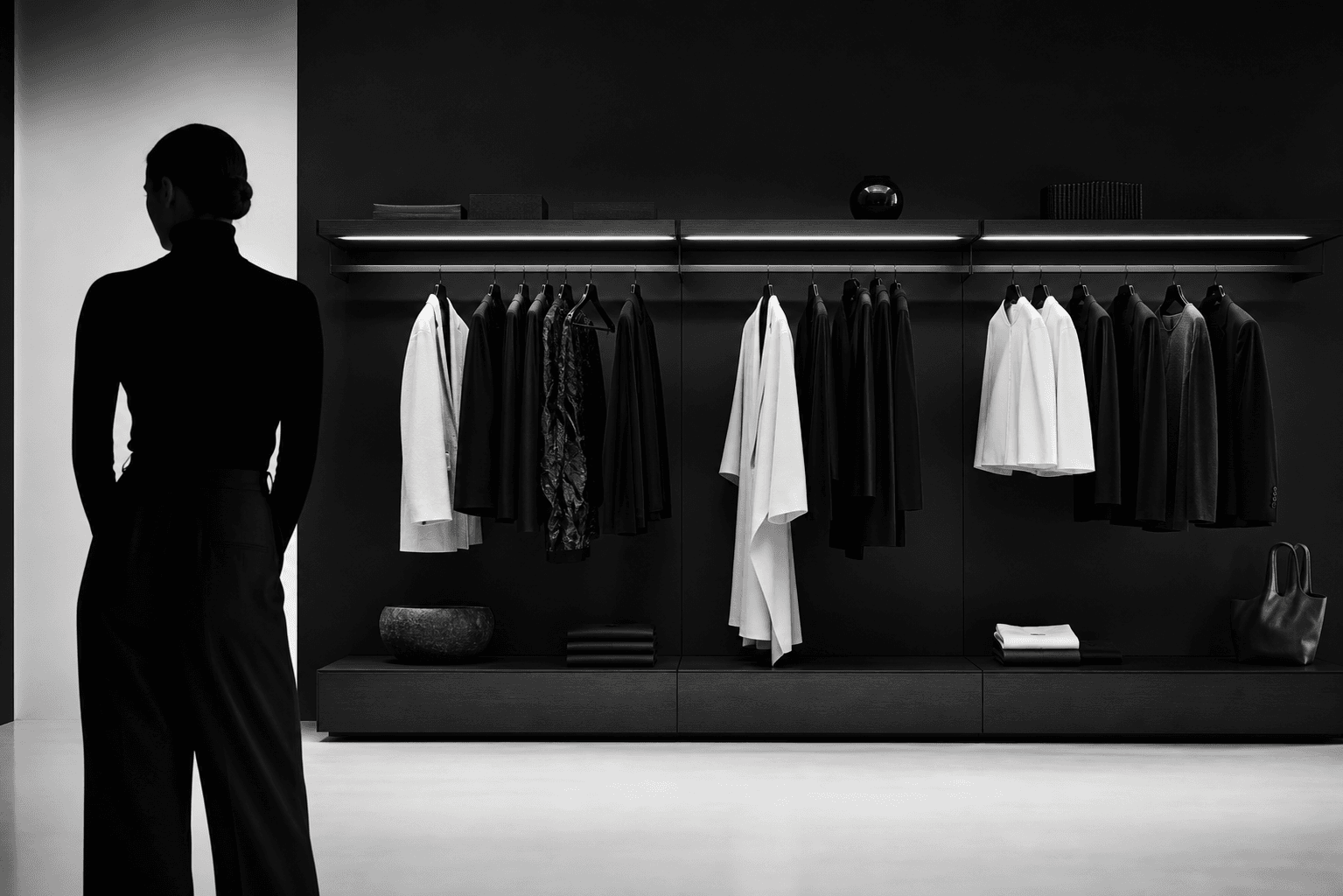A monochrome editorial wardrobe studio