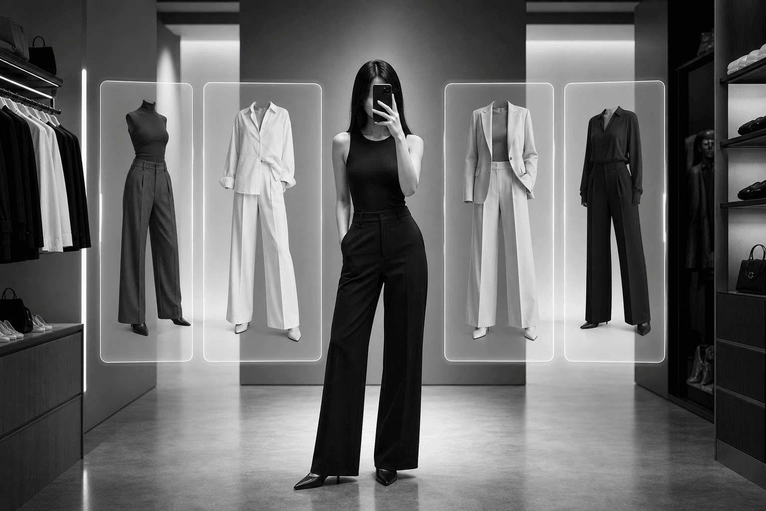 An AI outfit preview concept in a monochrome fashion studio